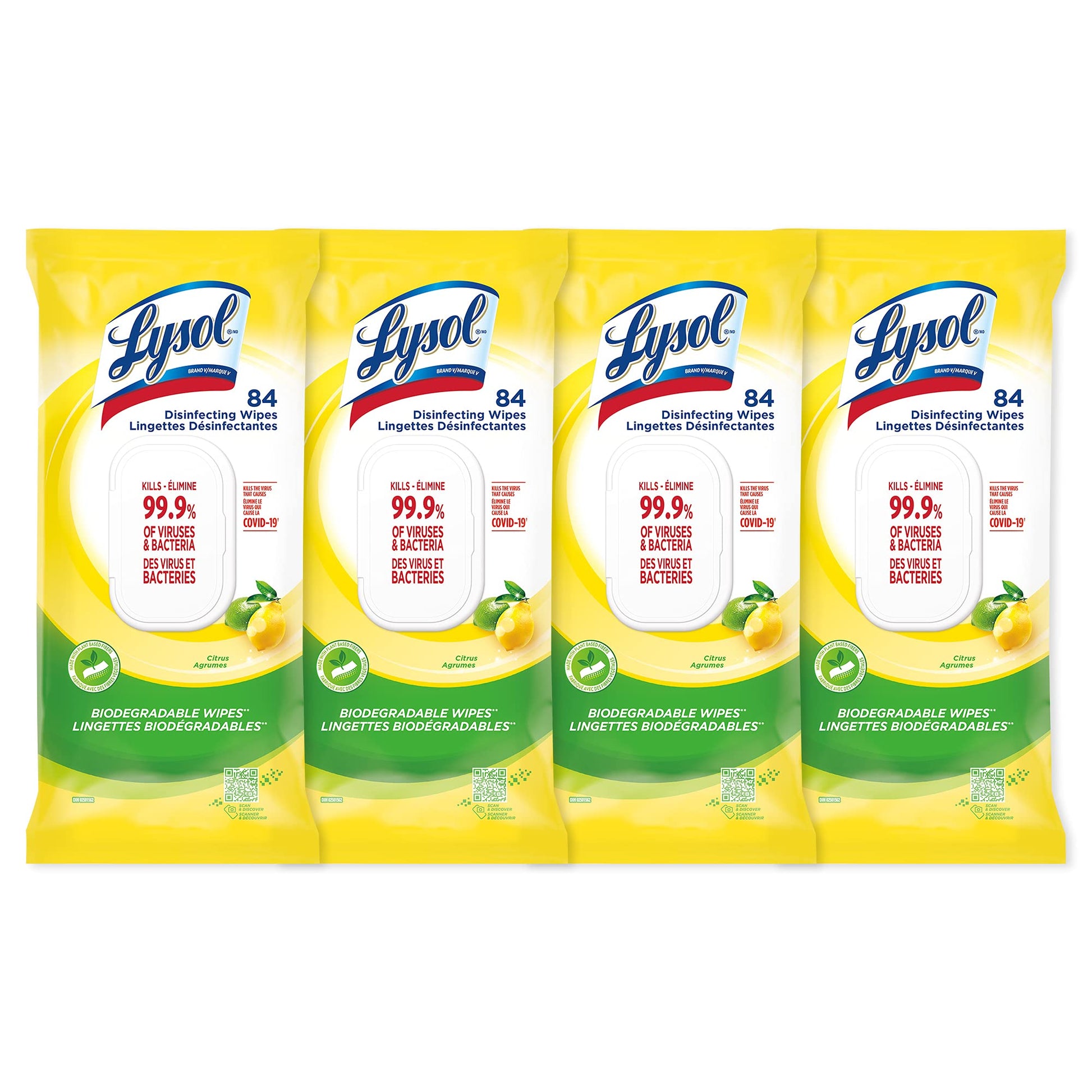 Lysol Disinfecting Wipes Flatpack, Citrus, Biodegradable Wipes, Kills 99.9% of Viruses & Bacteria, Bulk Pack of 4, 336 count (4 x 84 count) - Available at All In One Marketplace Canada