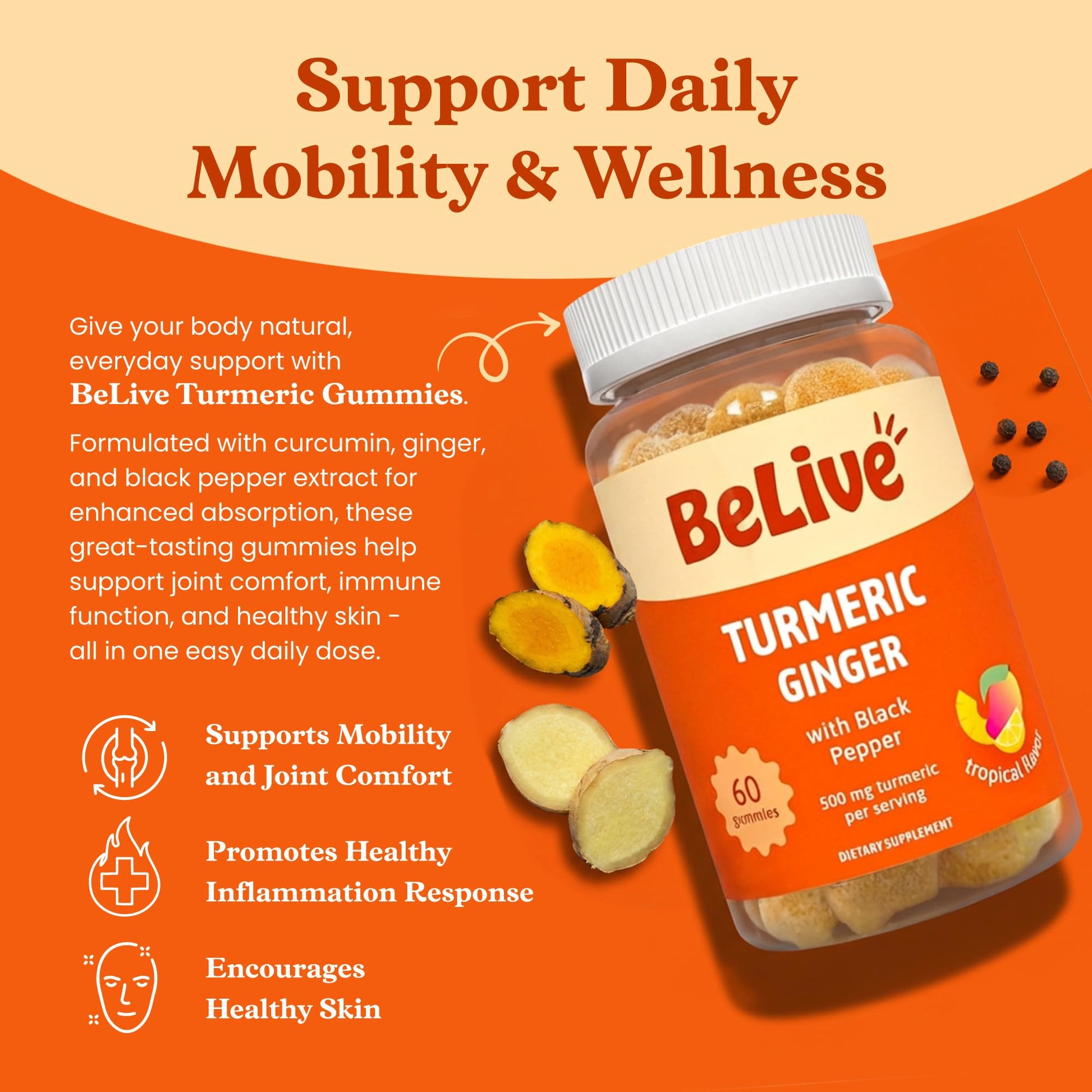 BeLive Turmeric Curcumin with Black Pepper & Ginger - 60 Gummies I Turmeric and Ginger Supplement for Immune Support, Healthy Skin, and Mobility - Tropical Flavor - Available at All In One Marketplace Canada
