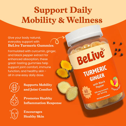 BeLive Turmeric Curcumin with Black Pepper & Ginger - 60 Gummies I Turmeric and Ginger Supplement for Immune Support, Healthy Skin, and Mobility - Tropical Flavor - Available at All In One Marketplace Canada
