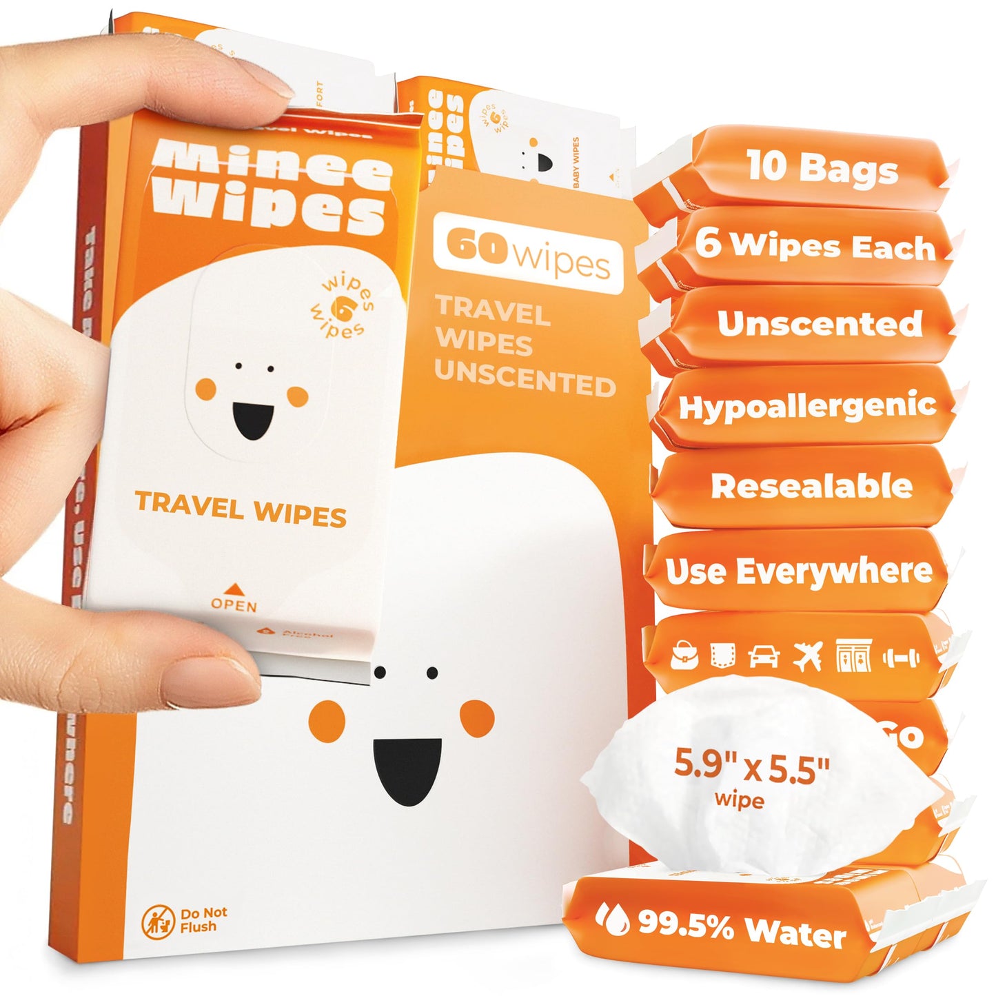 Impossibly Compact Travel Wipes - Skin-Friendly Wet Wipes, Hypoallergenic & Unscented for Adults, Kids & Baby Care - 10 Pack Total 60 Wipes
