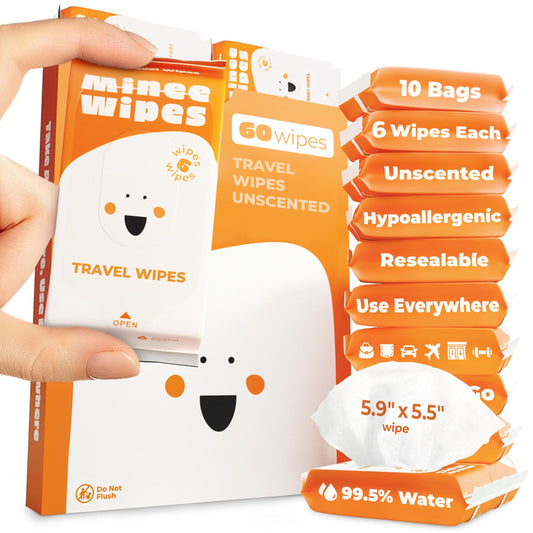 Impossibly Compact Travel Wipes - Skin-Friendly Wet Wipes, Hypoallergenic & Unscented for Adults, Kids & Baby Care - 10 Pack Total 60 Wipes