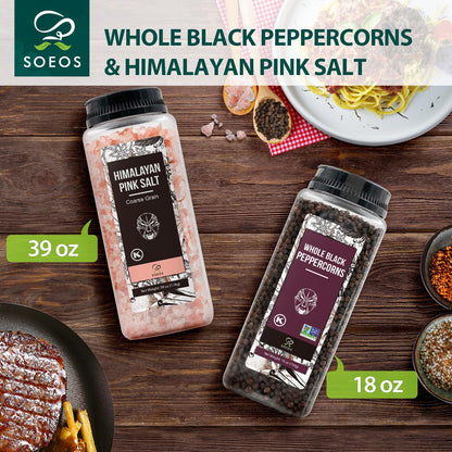 Soeos Himalayan Pink Salt 38.8oz & Whole Black Peppercorns 18oz – Coarse Grain for Grinders, Non-GMO & Kosher