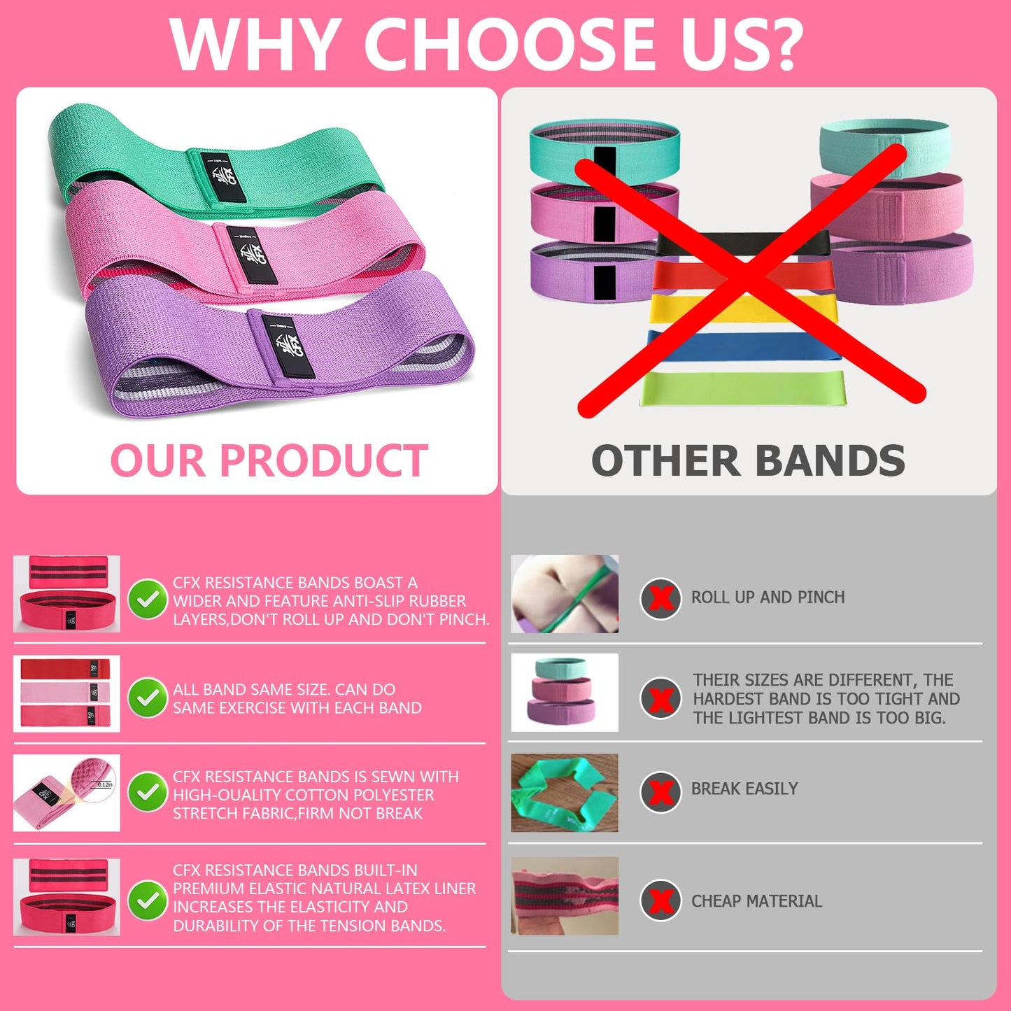 CFX Resistance Bands 3 Sets, Premium Exercise Loops with Non-Slip Design for Hips & Glutes, 3 Resistance Level Workout Booty Bands for Women and Men