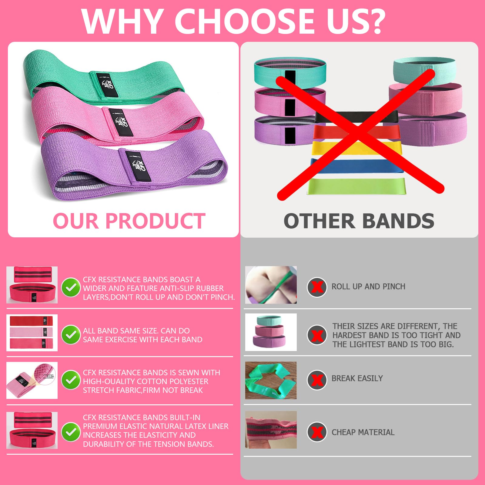 CFX Resistance Bands 3 Sets, Premium Exercise Loops with Non-Slip Design for Hips & Glutes, 3 Resistance Level Workout Booty Bands for Women and Men