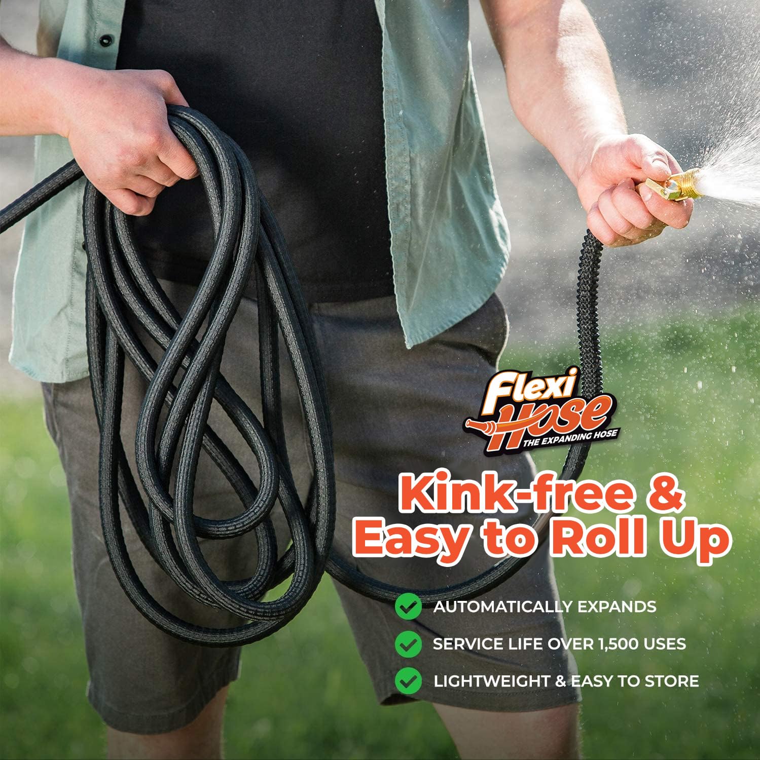 Flexi Hose Expandable Garden Hose, Lightweight & No-Kink Flexible Garden Hose, 3/4 inch Solid Brass Fittings and Double Latex Core, 100 ft Black