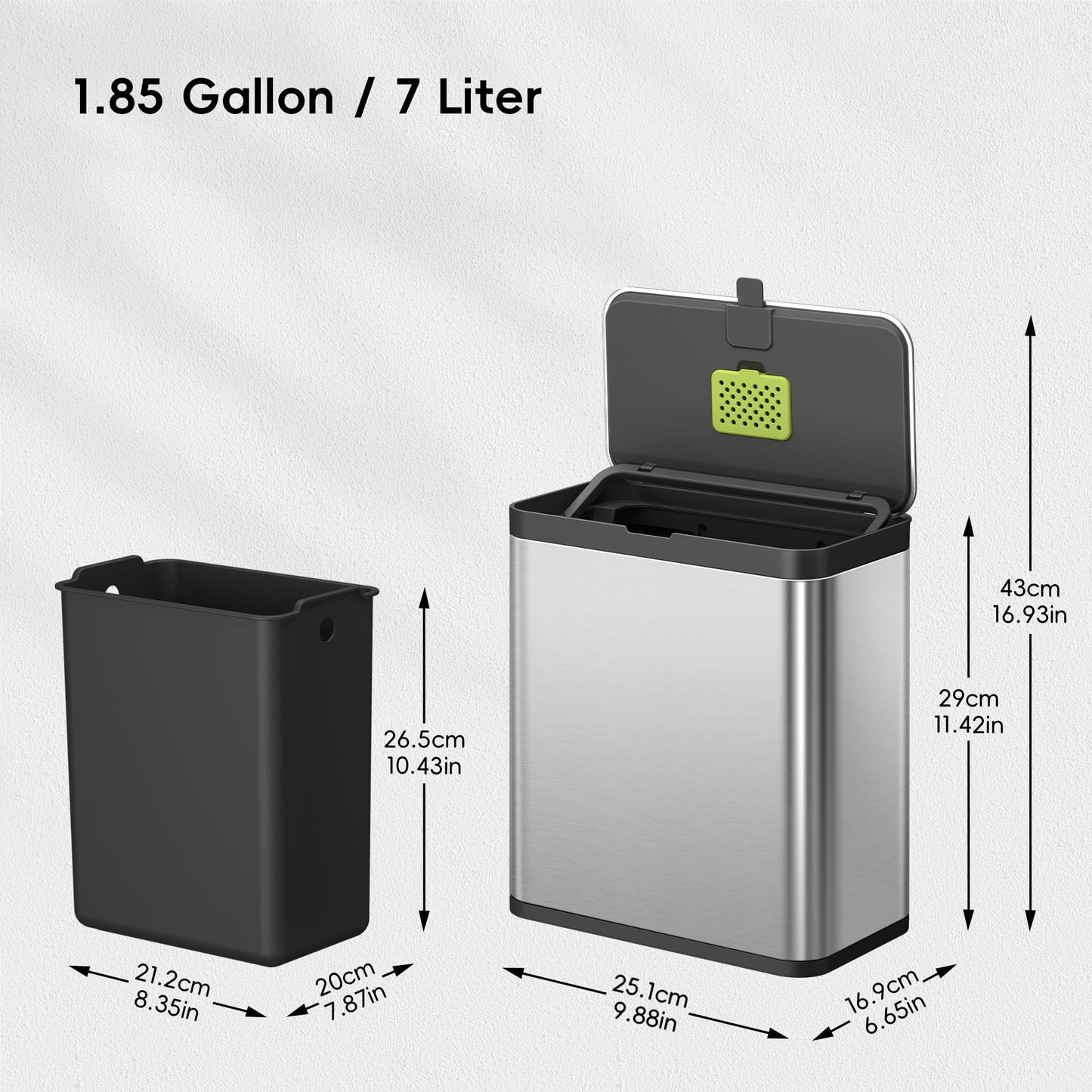 EKO Kitchen Compost Bin, 7L / 1.85 Gal Stainless Steel with Removable Inner Bucket and Deodorizer Compartment, 2-in-1 Countertop Compost Bin with Lid, Food Waste Caddy for Kitchen (MMT & Black Finish) EKO