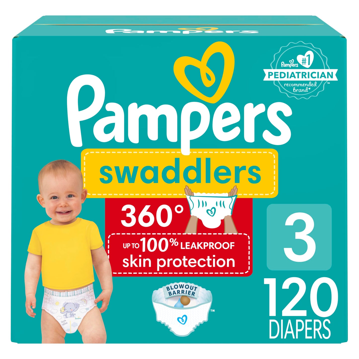 Pampers Swaddlers 360 Pull-On Diapers, Size 3, 120 Count for up to 100% Leakproof Skin Protection and Easy Changes
