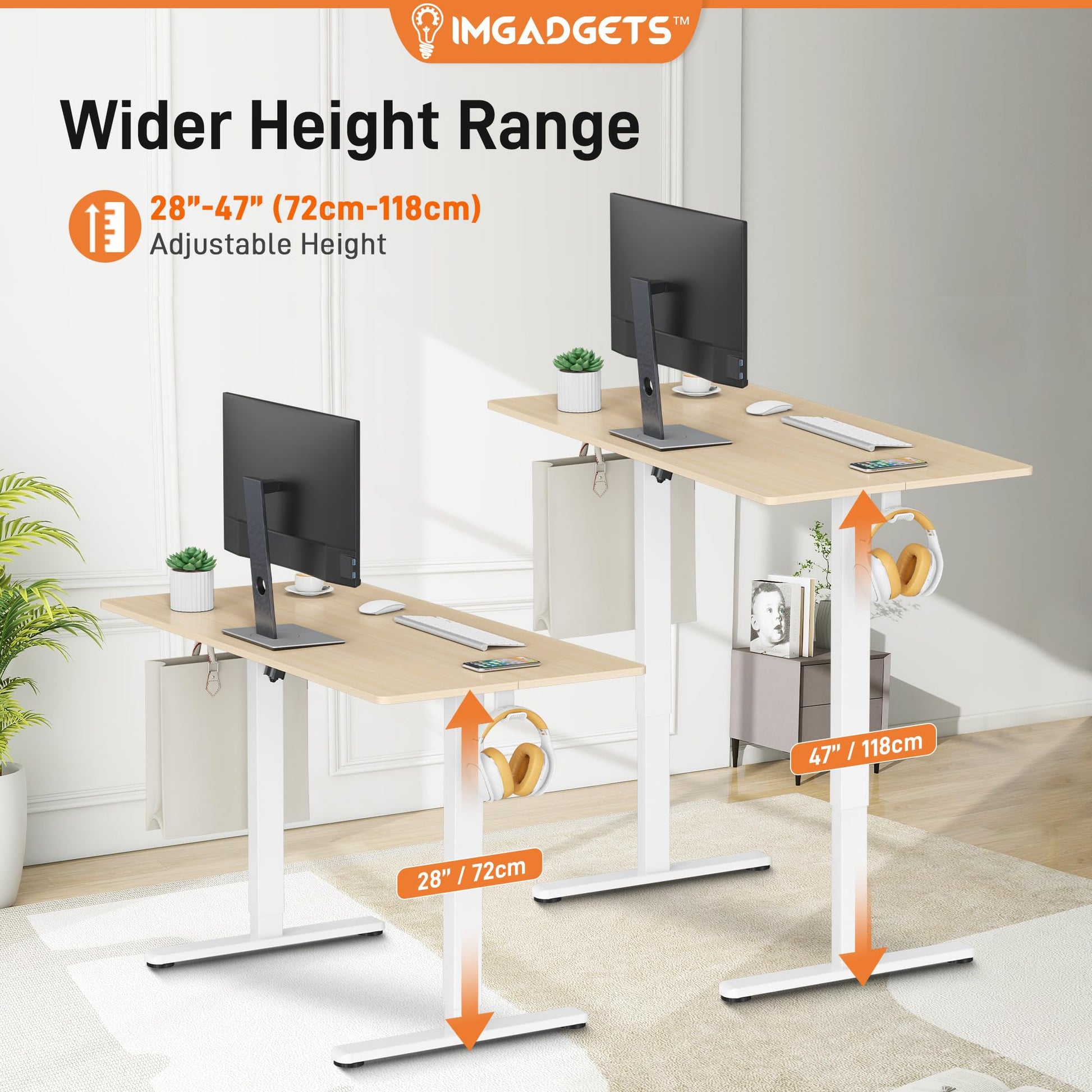 IMGadgets Electric Standing Desk, 47x24 Inches Height Adjustable, 2026 6th Gen Quiet Motor Ergonomic Sit Stand Desk, Computer Desk for Home Office, Height Memory Buttons, Display, 2 Headphone Holders
