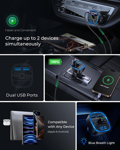 LENCENT FM Transmitter, Bluetooth FM Transmitter Wireless Radio Adapter Car Kit with Dual USB Charging Car Charger MP3 Player Support TF Card & USB Disk - Available at All In One Marketplace Canada
