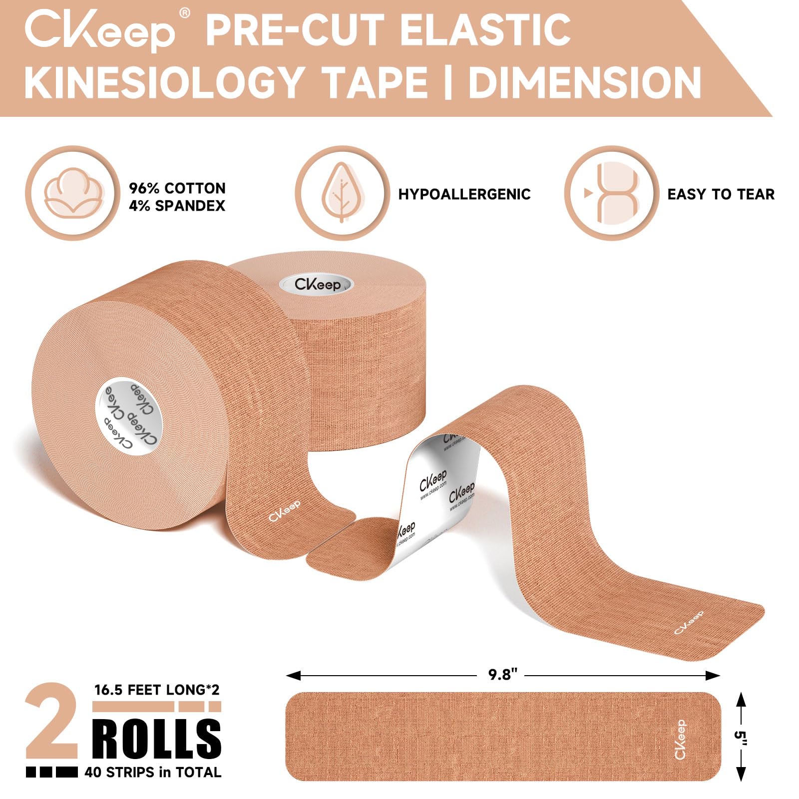 CKeep Kinesiology Tape, Original Cotton Elastic Athletic Tape 2Rolls, Beige