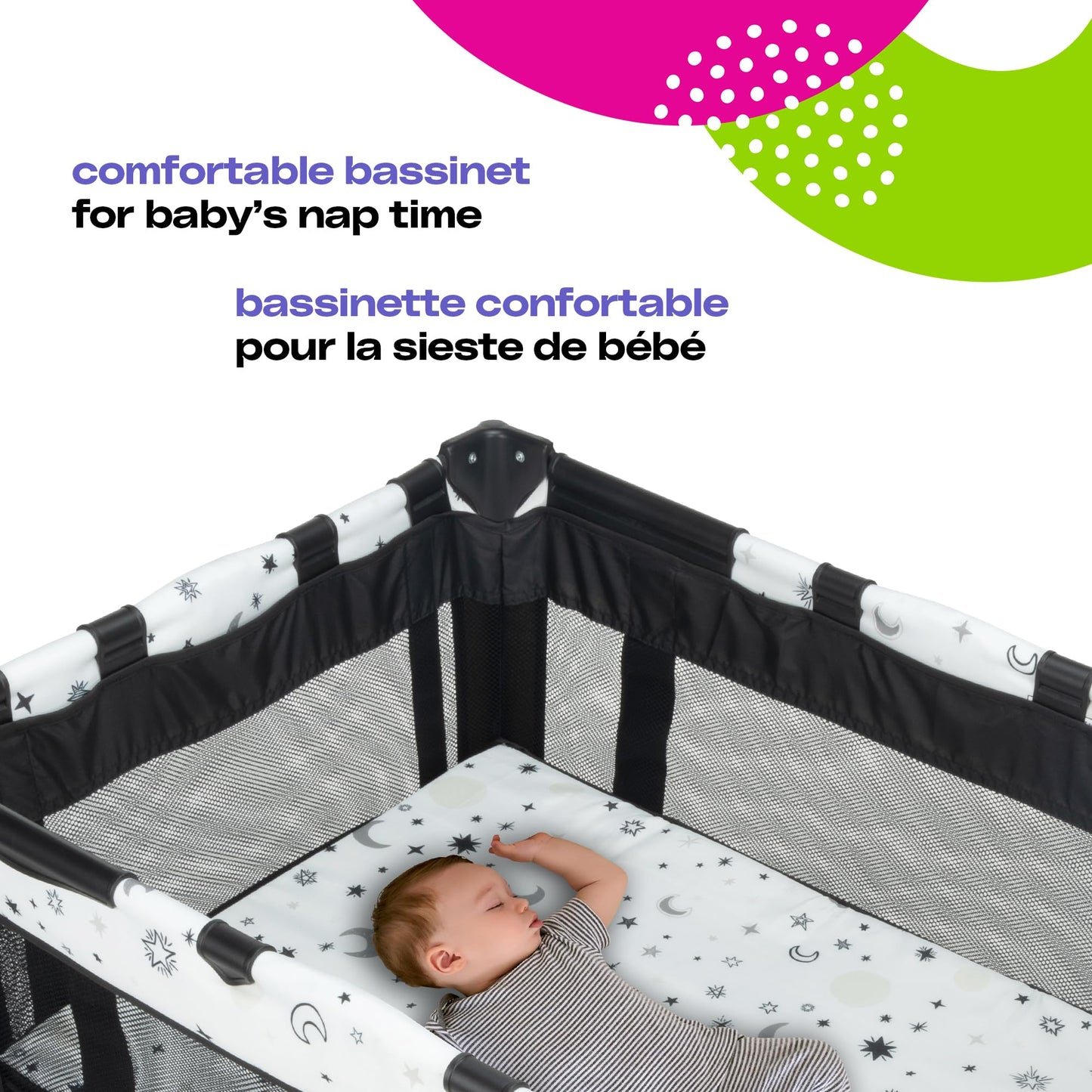 Cosco Kids Funsport® Plus Portable Playard with Full-Size Bassinet, Carry Bag & Wheels – Lightweight, Compact Fold, Breathable Mesh – Twinkle Twinkle Cosco