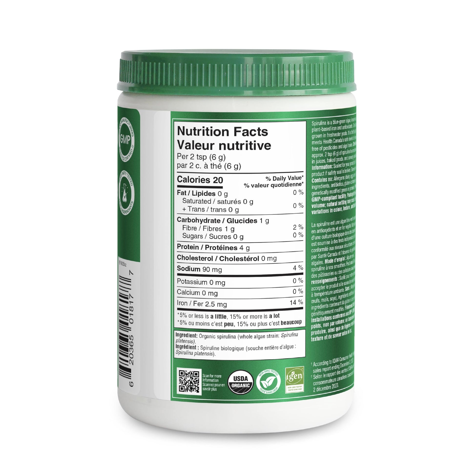 Organika Canadian-Made Certified Organic Spirulina Powder- Superfood, 3rd Party Tested, Pristine Sourcing, Vegan- 300g - Available at All In One Marketplace Canada
