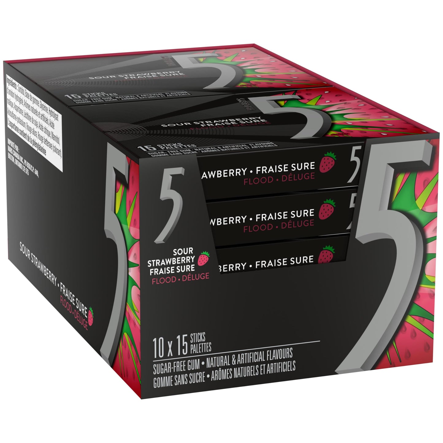 5 Gum Strawberry-Flood Flavoured Sugar Free Chewing Gum, 15 Sticks, 10 Packs - Available at All In One Marketplace Canada