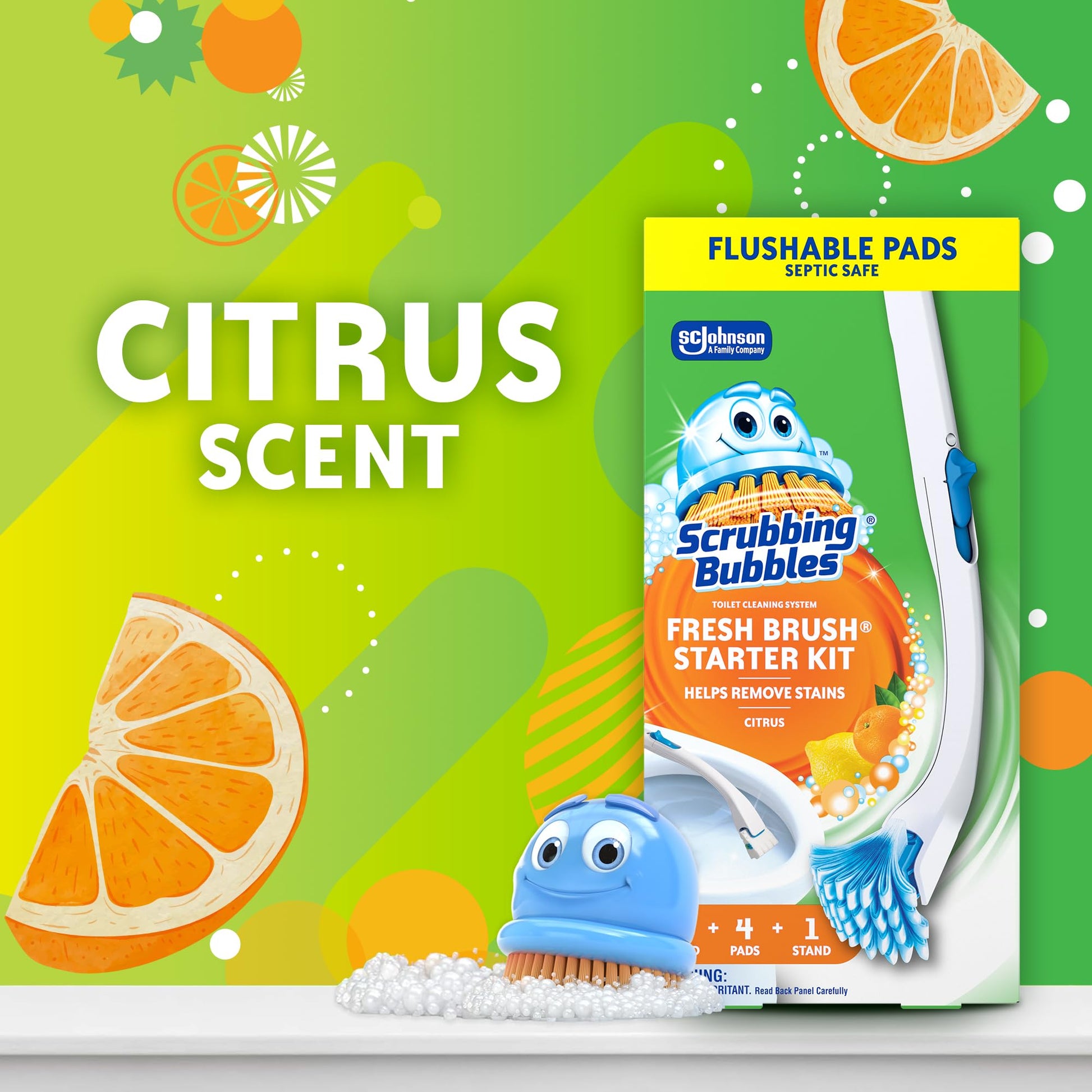 Scrubbing Bubbles Fresh Brush Toilet Bowl Cleaning System Starter Kit, Stain Removing, Citrus Action Scent, Includes: Wand + 4 Refills + 1 Stand - Available at All In One Marketplace Canada