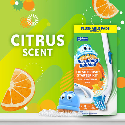 Scrubbing Bubbles Fresh Brush Toilet Bowl Cleaning System Starter Kit, Stain Removing, Citrus Action Scent, Includes: Wand + 4 Refills + 1 Stand - Available at All In One Marketplace Canada