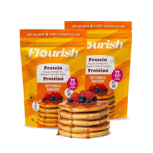 Flourish Protein Pancake & Waffle Mix with Whey Protein, No Added Sugar, High in Fiber - Just Add Water - Buttermilk Flavour, 430 g Each (2 Pack) - Made in Canada
