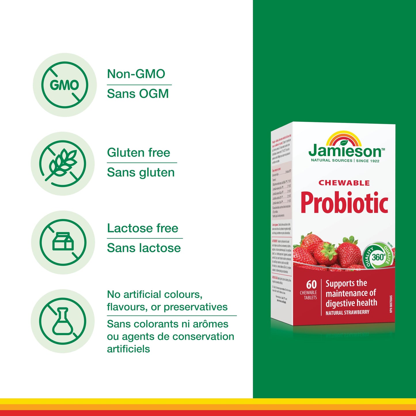 Jamieson Chewable Probiotic 2 Billion Active Cells Natural Strawberry Flavour, Family Friendly (3+), Supports Digestive Health. 5 Unique Strains, Including Lactobacillus and Bifidobacterium, Non-GMO, No Artificial Colours, Flavours, or Preservatives, 60 C - Available at All In One Marketplace Canada
