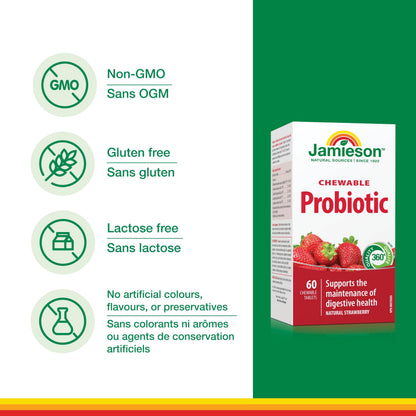 Jamieson Chewable Probiotic 2 Billion Active Cells Natural Strawberry Flavour, Family Friendly (3+), Supports Digestive Health. 5 Unique Strains, Including Lactobacillus and Bifidobacterium, Non-GMO, No Artificial Colours, Flavours, or Preservatives, 60 C - Available at All In One Marketplace Canada