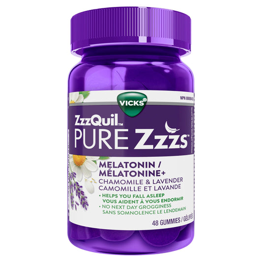 Vicks ZzzQuil PURE Zzzs Melatonin Sleep Aid Gummies with Chamomile, Lavender, & Valerian Root, 1mg per gummy, 48 Count