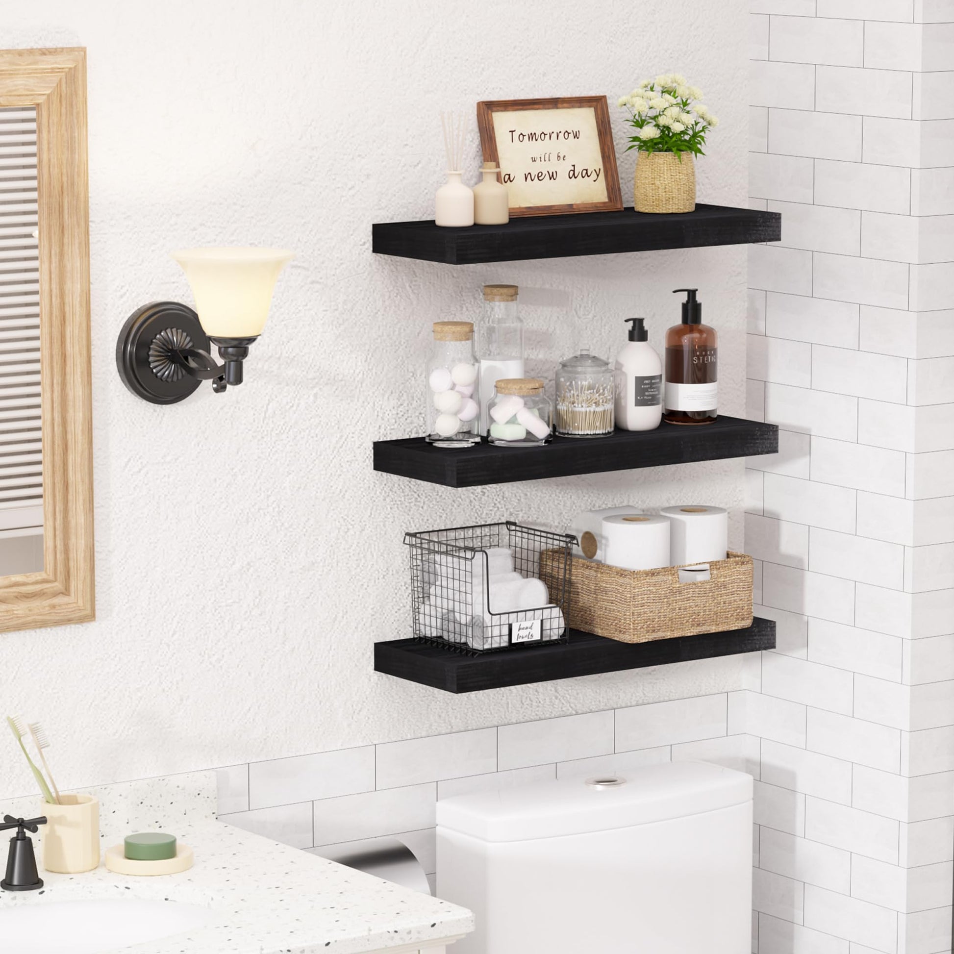 upsimples 16.5" L Black Wooden Floating Shelves with Invisible Brackets, Wall Mounted Modern Wood Shelves Set of 3, for Bathroom Bedroom - Available at All In One Marketplace Canada
