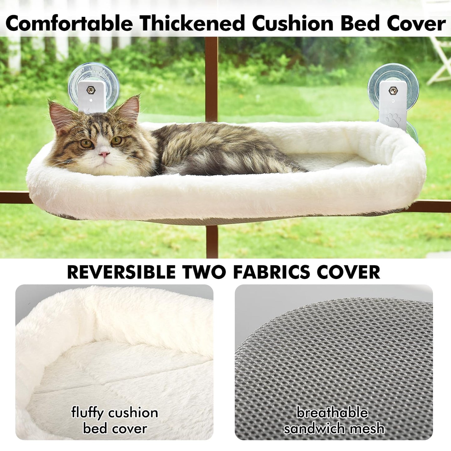 AMOSIJOY Cordless Cat Window Perch, Cat Hammock for Window with 4 Strong Suction Cups, Solid Metal Frame and Soft Cover, Foldable Cat Beds for Indoor Cats…