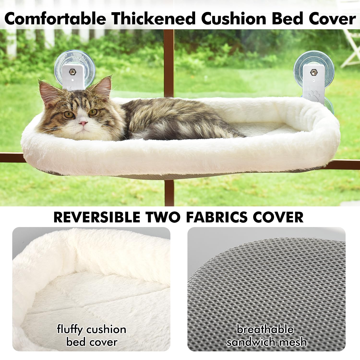 AMOSIJOY Cordless Cat Window Perch, Cat Hammock for Window with 4 Strong Suction Cups, Solid Metal Frame and Soft Cover, Foldable Cat Beds for Indoor Cats…