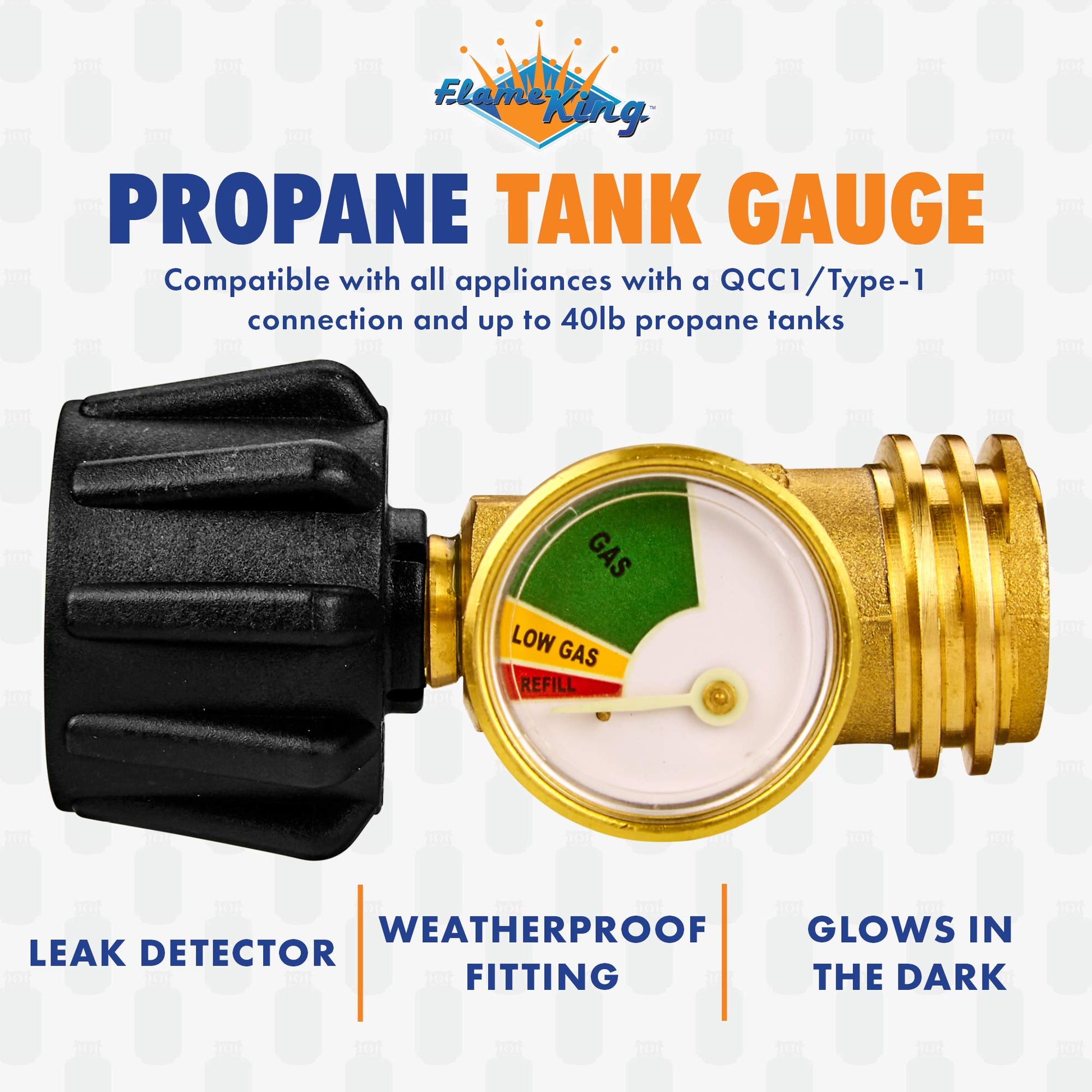Flame King Propane Tank Gauge Level Indicator, Leak Detector Gas Pressure Meter, Color Coded & Glows in The Dark, Universal for All Cylinders, Solid Brass (2-Pack) Flame King