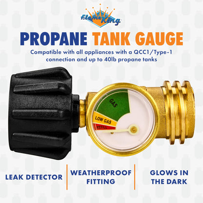 Flame King Propane Tank Gauge Level Indicator, Leak Detector Gas Pressure Meter, Color Coded & Glows in The Dark, Universal for All Cylinders, Solid Brass (2-Pack) Flame King