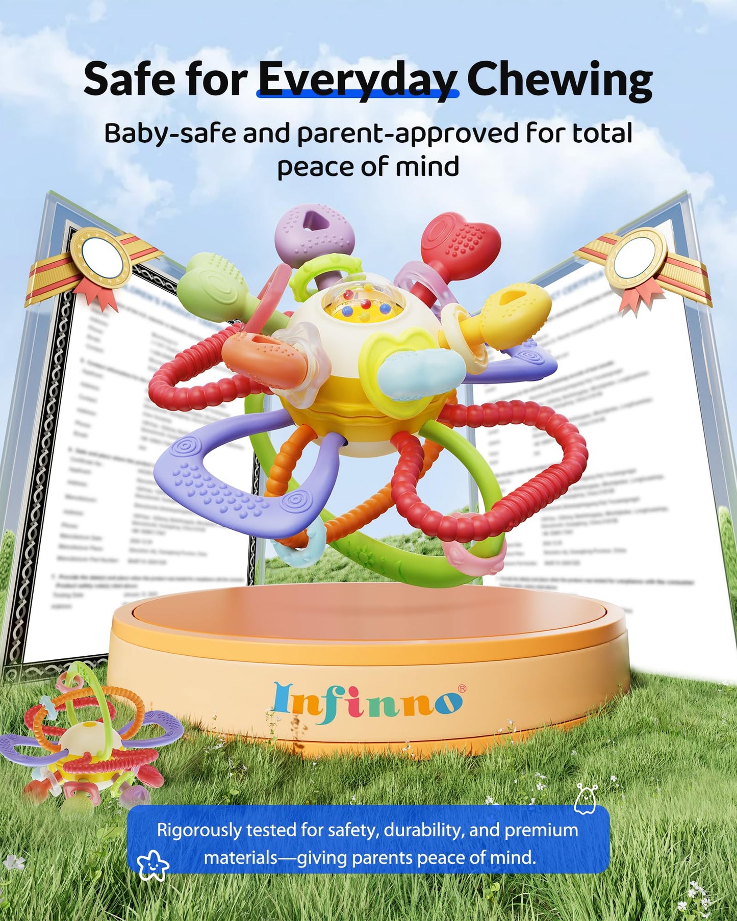 Infinno Baby Teething Toy for 3-12 Months with Pull Ring Spinner