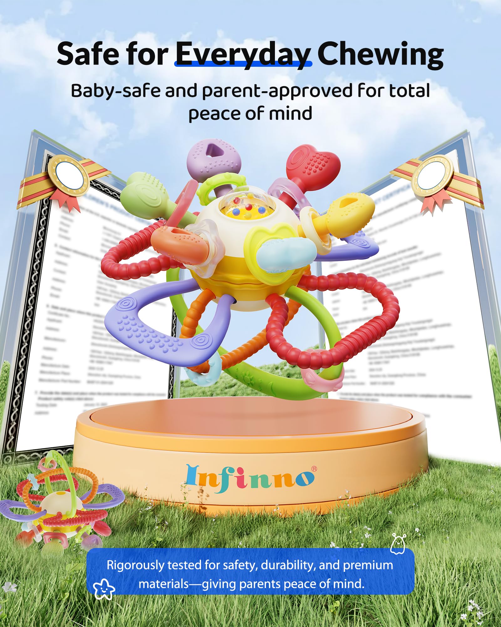 Infinno Baby Teething Toy for 3-12 Months with Pull Ring Spinner