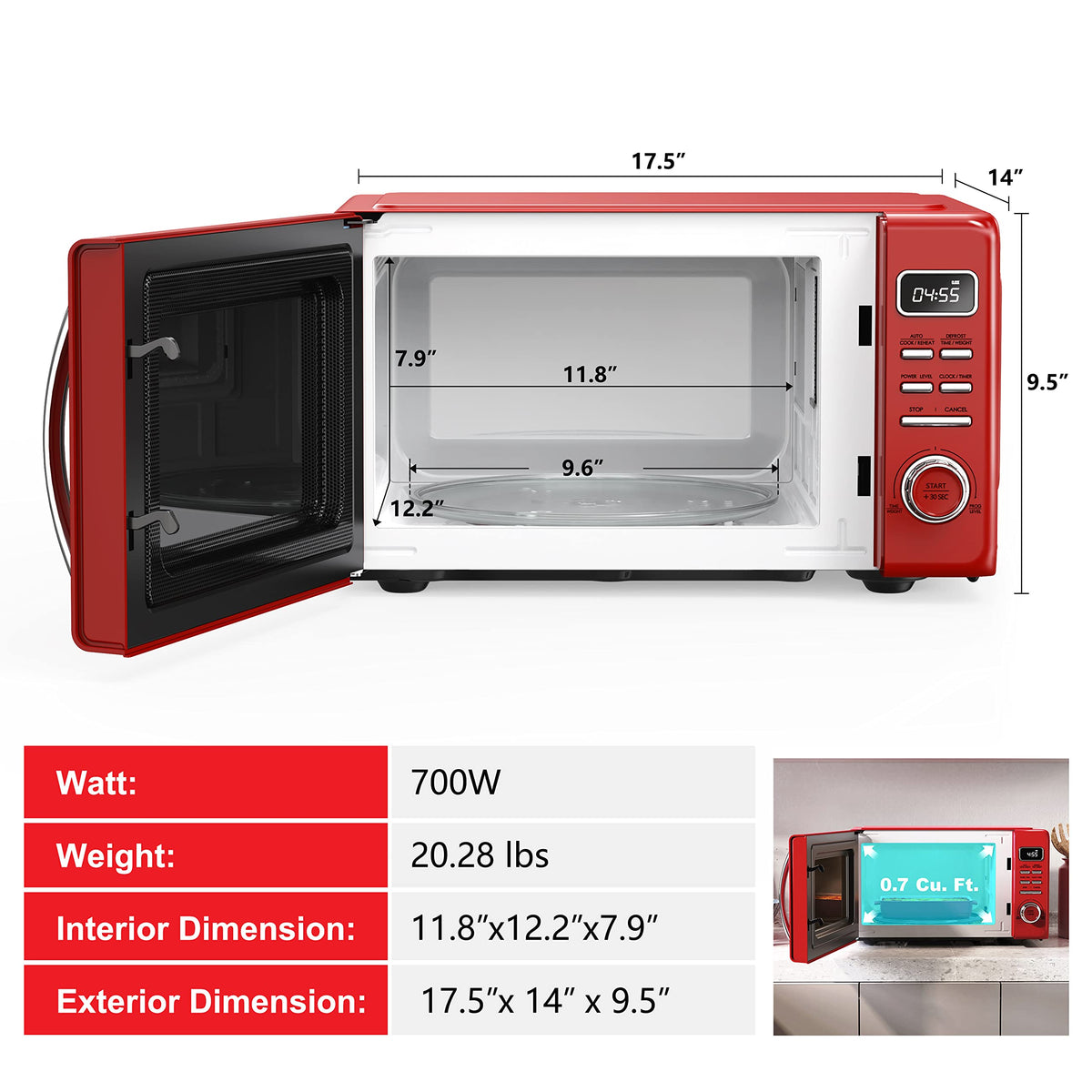 Galanz GLCMKZ07RDR07 Retro Countertop Microwave Oven with Auto Cook & Reheat, Defrost, Quick Start Functions, Easy Clean with Glass Turntable, Pull Handle,0.7 cu ft, Red