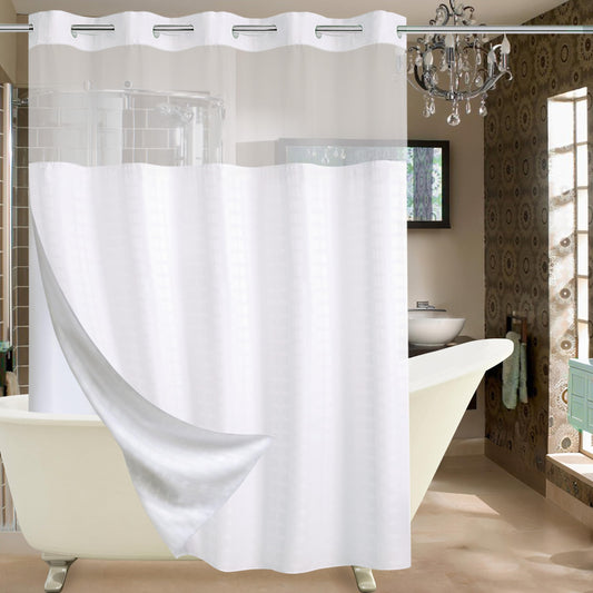 Conbo Mio Hotel Style Fabric Shower Curtain with Snap in Liner for Bathroom Machine Washable Waterproof Repellent Shower Curtain (Check-White, 71" W x 74" H) - Available at All In One Marketplace Canada