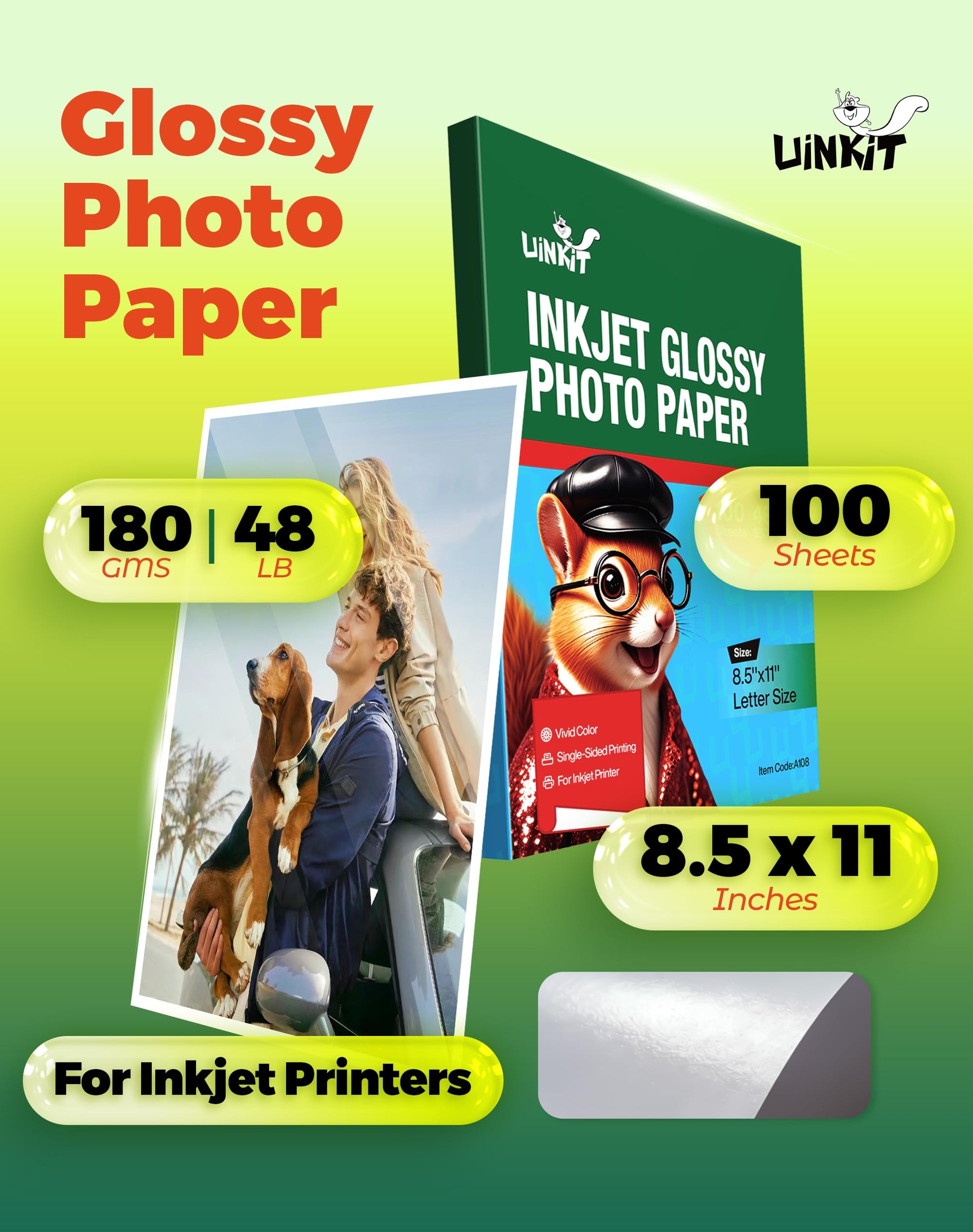 Uinkit Glossy Inkjet Photo Paper 8.5x11 Inches 100 Sheets 48lb Dye Ink 180Gsm Professional Photographic Paper Letter Size 8.5mil Instant Dry Suitable for All Dye Ink Printers (100, 8.5x11Inches)