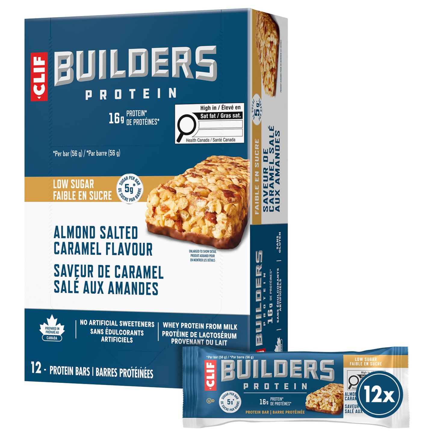 Clif Builders Low Sugar Protein Bars, Almond Salted Caramel Flavour 12 Bars BUILDERS