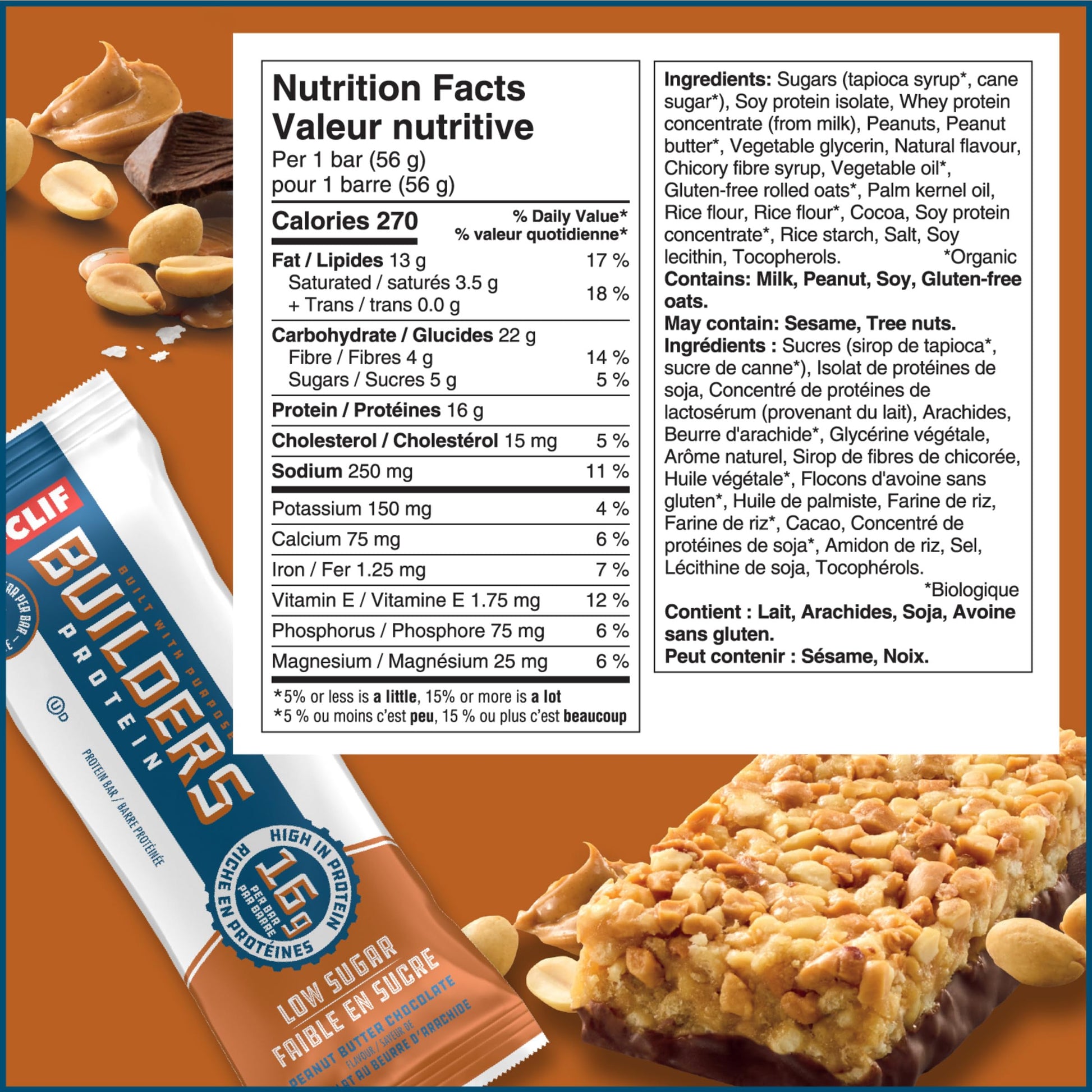 CLIF BUILDERS Low Sugar Protein Bars - Peanut Butter Chocolate, 12-Pack (56g each)