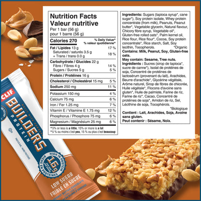 CLIF BUILDERS Low Sugar Protein Bars - Peanut Butter Chocolate, 12-Pack (56g each)