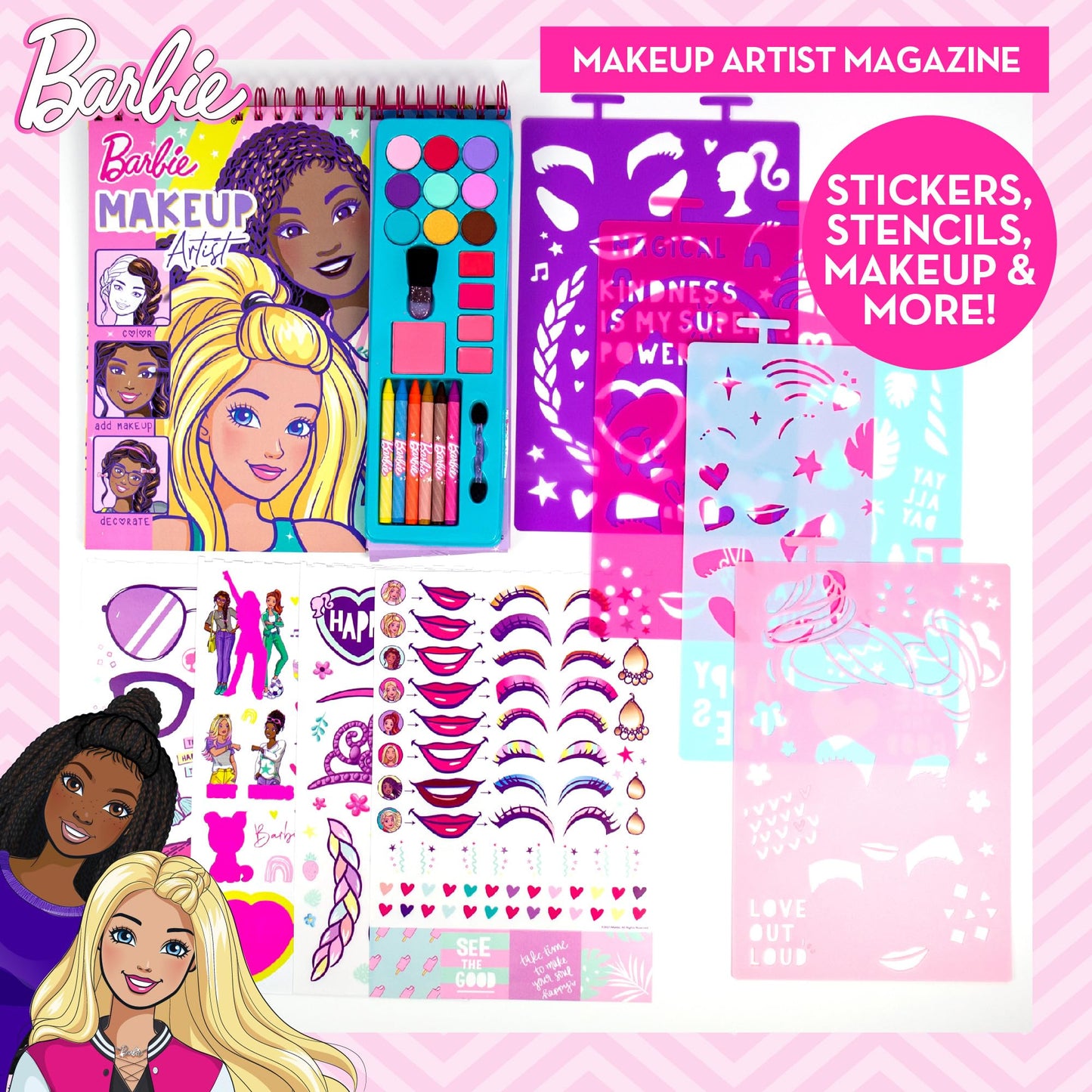 Barbie Makeup Artist Magazine, Create Your Own Hair & Makeup Looks Using Stencils, Stickers, Crayons, Pretend Makeup, Barbie Toys, Barbie Craft Kits, Drawing Kit, 6 Year Old Girl Birthday Gift Horizon Group USA