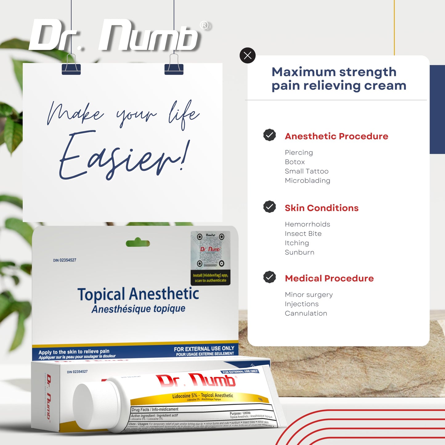 Dr. Numb Tattoo Numbing Cream 5% Lidocaine Topical Anesthetic Fast-Acting Pain Relief Cream for Tattoos, Piercing, Microblading, Microneedling, Waxing - Hemorrhoid Relief - 10 g - Available at All In One Marketplace Canada