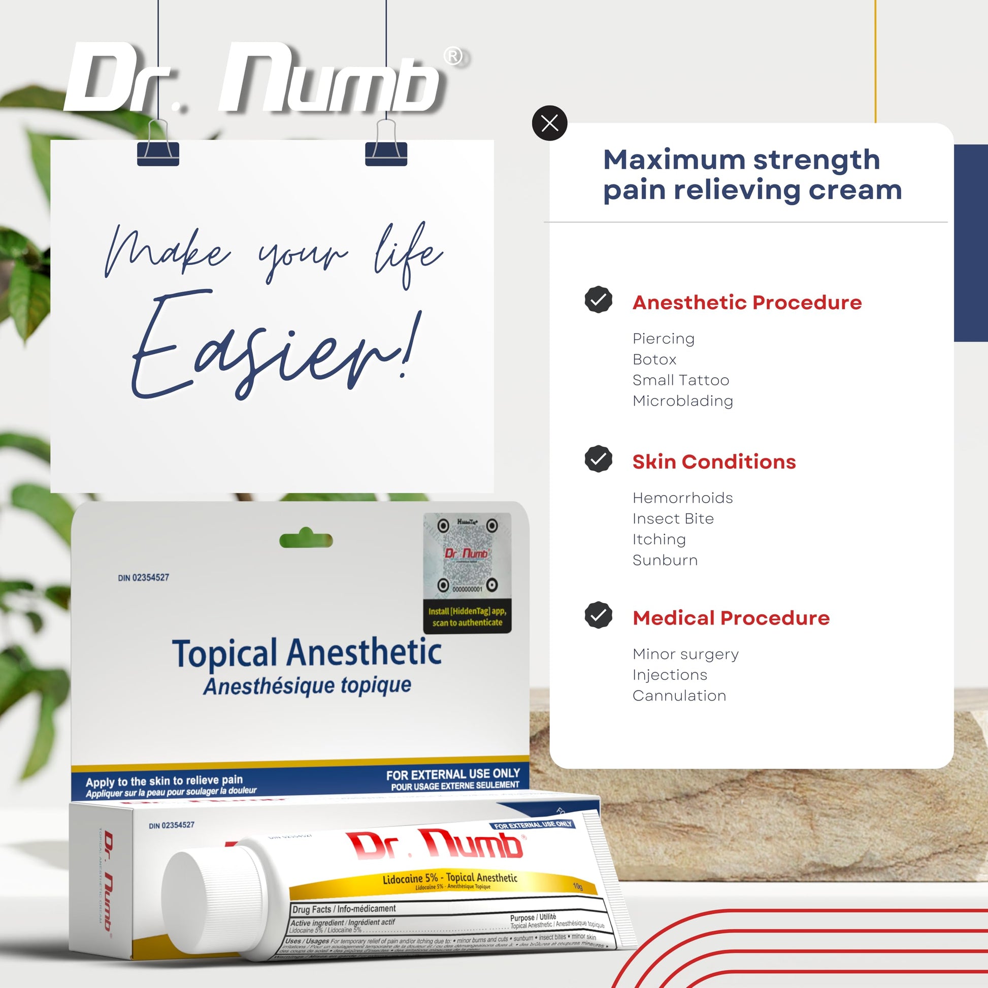 Dr. Numb Tattoo Numbing Cream 5% Lidocaine Topical Anesthetic Fast-Acting Pain Relief Cream for Tattoos, Piercing, Microblading, Microneedling, Waxing - Hemorrhoid Relief - 10 g - Available at All In One Marketplace Canada