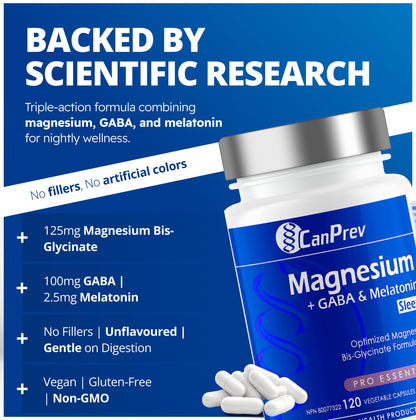 CanPrev Magnesium Bisglycinate Chelated + GABA & Melatonin, 120 Veg Caps, 120-Day Supply, Supports Restful Night, Muscle Function, Promote Relaxation & Balanced Sleep-Wake Cycle, Vegan, No GMO, Gluten - Available at All In One Marketplace Canada