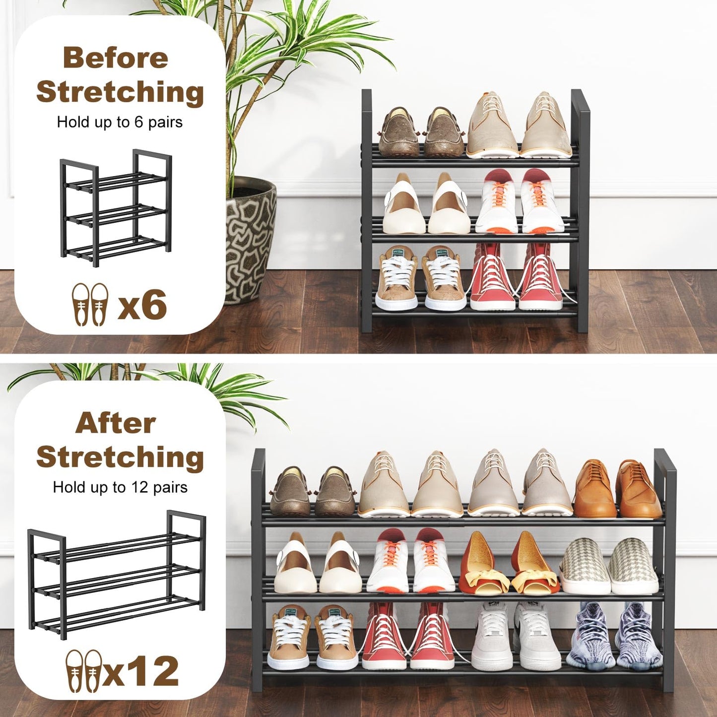 Roylvan 3-Tire Expandable Shoe Rack, 17"-31" Adjustable Stackable Free Standing Shoe Shelf Storage Fits 6-12 Pairs Shoes, Heavy Duty Reinforced Metal Shoes Organizer for Closet Entryway Doorway Dorm - Available at All In One Marketplace Canada