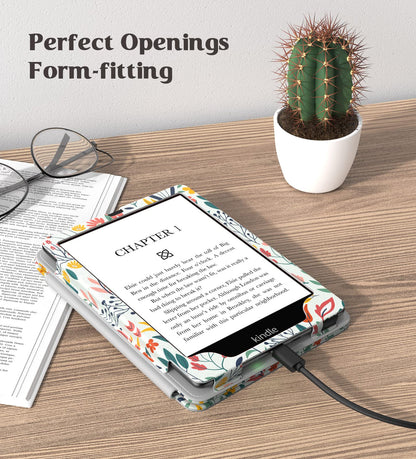 MoKo Case for 7"/6.8" Kindle Paperwhite(12th/11th Generation-2024/2021) and Kindle Colorsoft Signature Edition, Slim PU Shell Cover Case with Auto-Wake/Sleep for Kindle Paperwhite 2024, Flowers