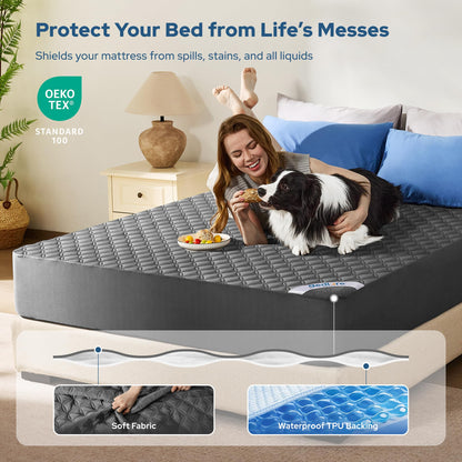 Waterproof Mattress Protector, Noiseless Queen Size Mattress Pad with Deep Pocket Fitted Up to 6"-21", Soft & Breathable Dirt-Proof Bed Mattress Cover Washable for Home, Bedroom, Hotel (Gray)