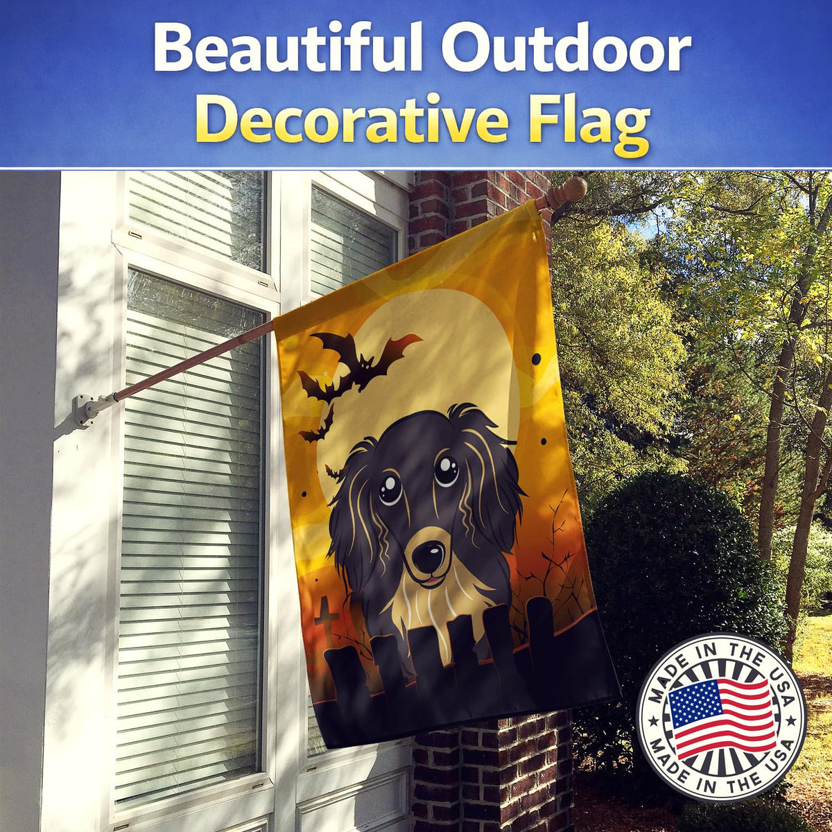 Caroline's Treasures BB1771CHF Halloween Longhair Black and Tan Dachshund Canvas House Size Flag
