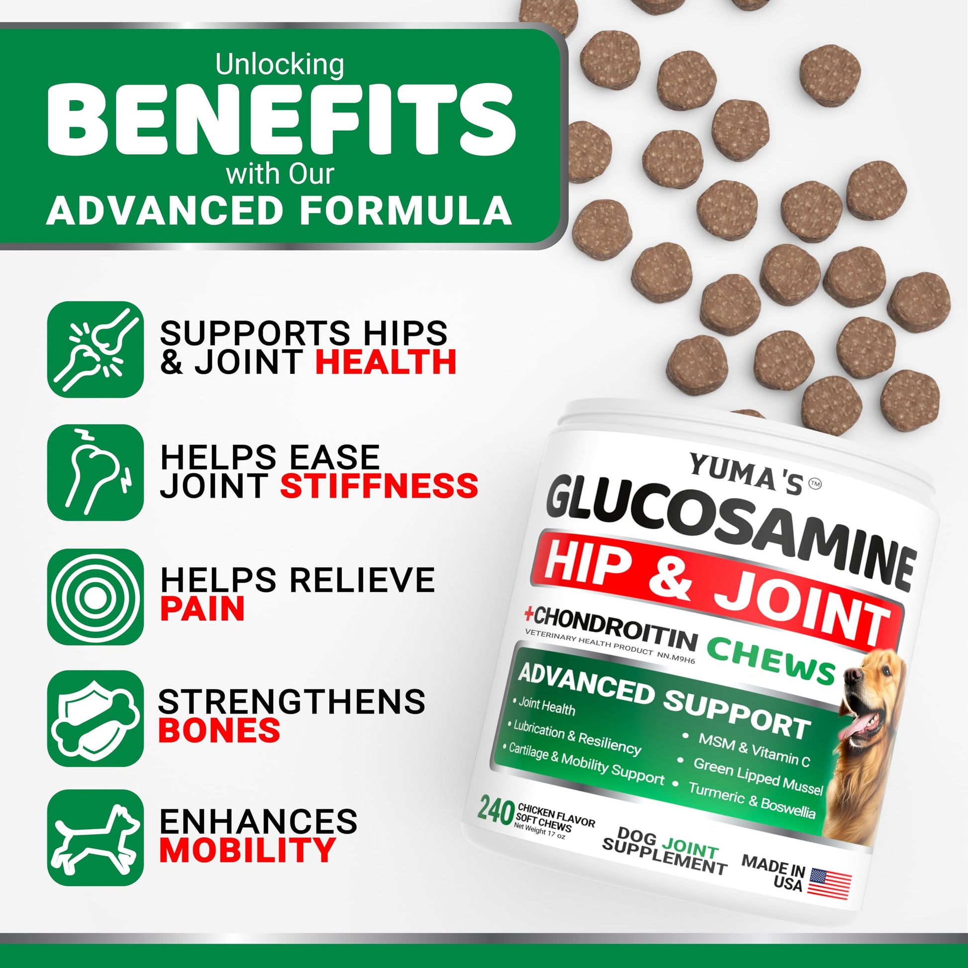 Glucosamine for Dogs - 240 Chews - Hip and Joint Supplement for Dogs with Chondroitin, MSM & Turmeric - Joint Pain Relief for Senior Dogs - All Breeds - Mobility Support - Value Pack - Made in USA - Available at All In One Marketplace Canada