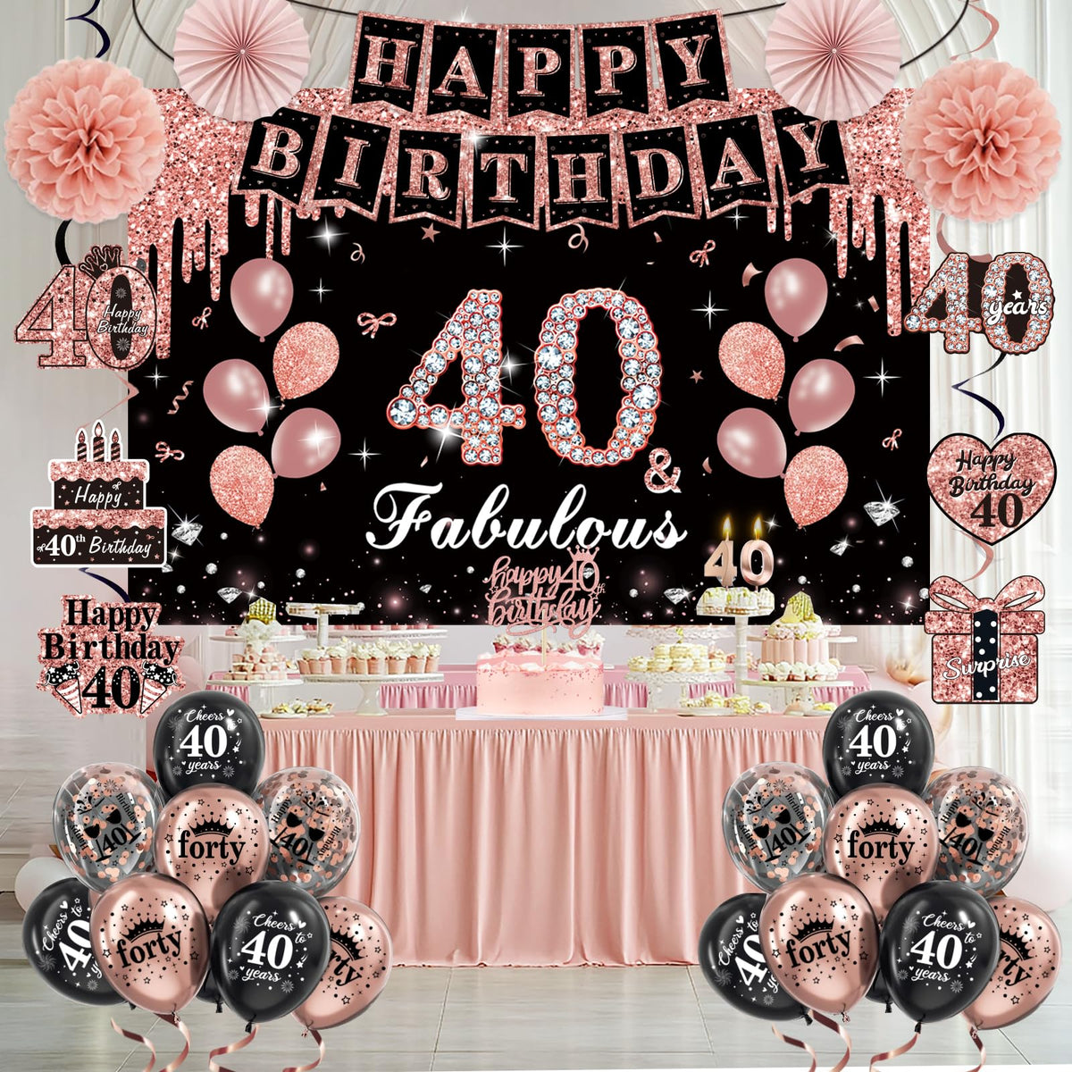 50Pcs 40th Birthday Decorations for Women,Rose Gold Black Pre-Assembled Set 🍁 All In One Marketplace Canada