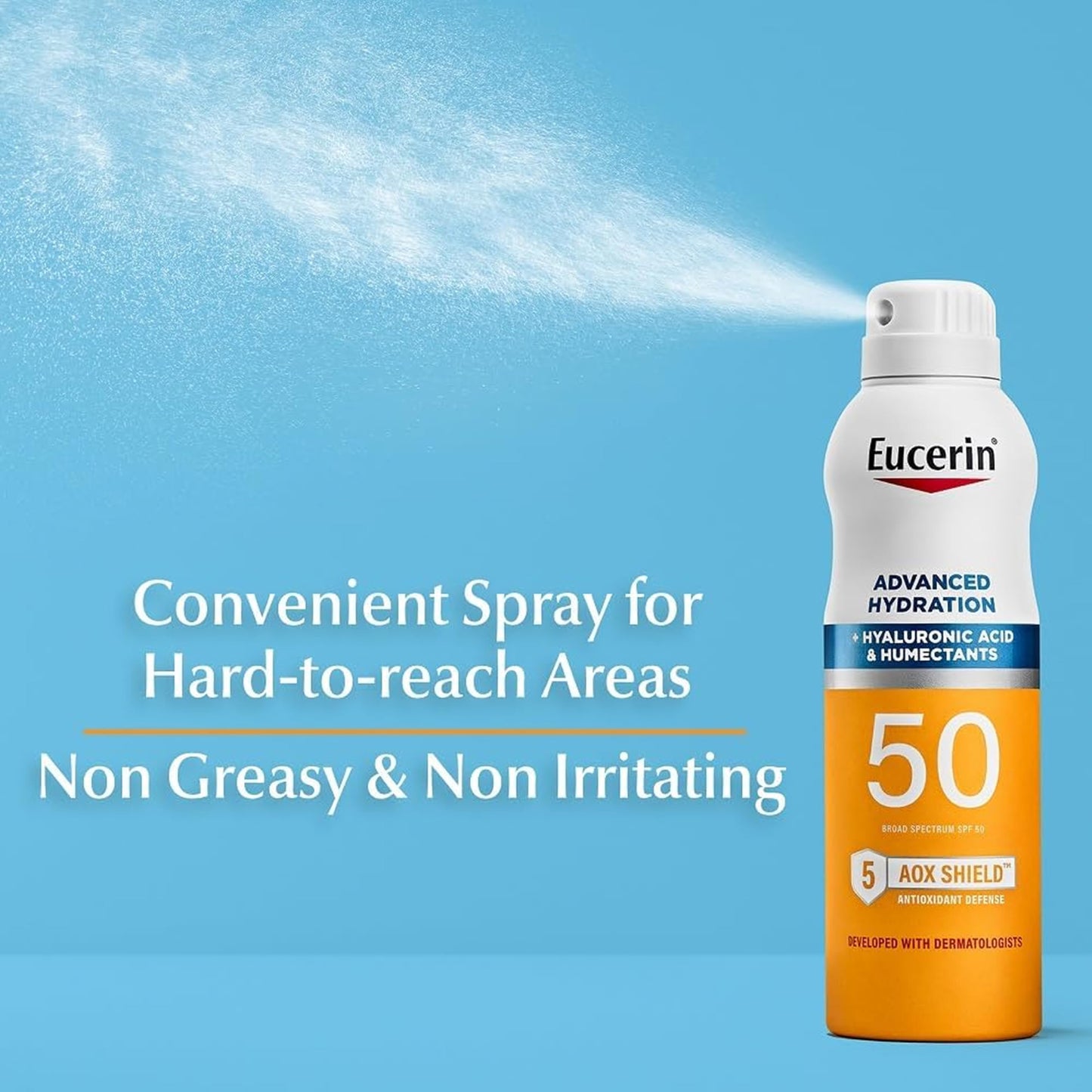 Eucerin Complete Hydration Sunscreen Spray, Daily Body Sunscreen SPF 50 With Hyaluronic Acid, Lightweight Body SPF 50 Spray with UVA-UVB Sun Protection, Fragrance Free & Water Resistant, 170 g Spray Bottle - Available at All In One Marketplace Canada