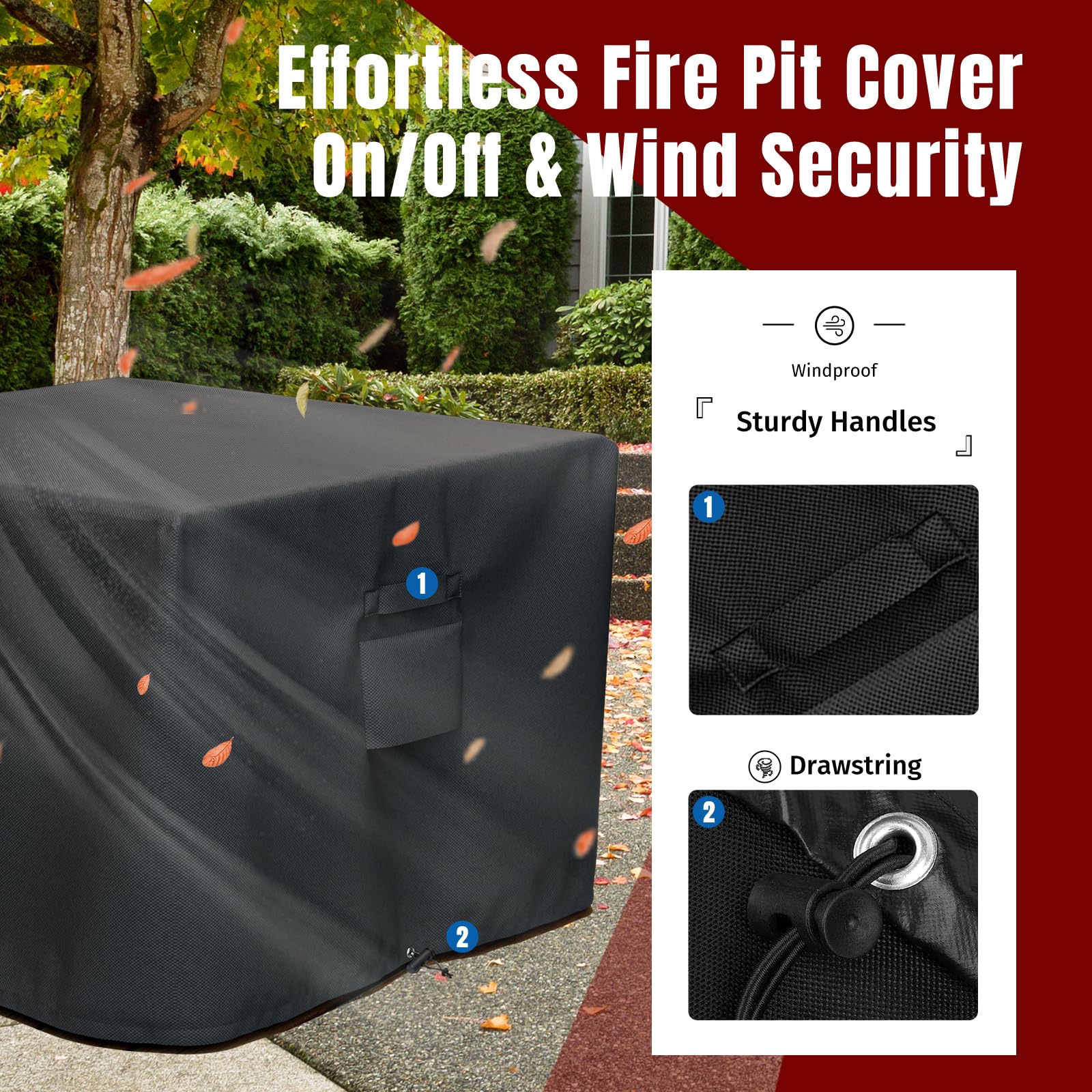 SHINESTAR Fire Pit Cover Square 32" x 32" x 24" - 600D Heavy Duty Waterproof & Windproof Outdoor Firepit Table Cover with Double Drawstrings for 28-32 Inch Square Fire Pits - Black SHINESTAR