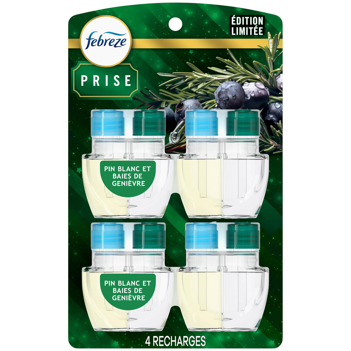 Febreze Plug In Air Freshener, Odor-Fighting Scented Oil Refill, Air Fresheners for Home and Bathroom and Kitchen, Long Lasting for Strong Odors, White Pine & Juniper Berry Scent, 4 Count
