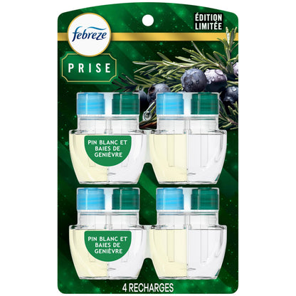 Febreze Plug In Air Freshener, Odor-Fighting Scented Oil Refill, Air Fresheners for Home and Bathroom and Kitchen, Long Lasting for Strong Odors, White Pine & Juniper Berry Scent, 4 Count
